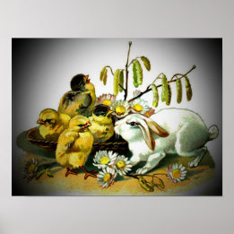 Affiches Lapin blanc vintage de Pâques et poussins bébé, ZS