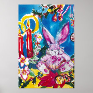 AFFICHES LAPIN ROSE,BOUGIES DE NOËL ET HOLLYBERRIES