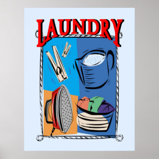 Affiches Lave-linge, fer à repasser, épingles, savon