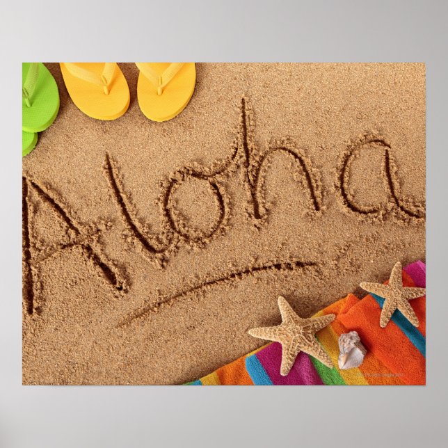Affiches Le mot Aloha écrit sur une plage de sable, avec 2 (Devant)
