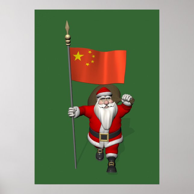 Affiches Le Père Noël Avec Drapeau De Chine (Devant)