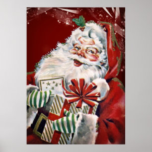 Affiches Le Père Noël Vintage avec de nombreux cadeaux