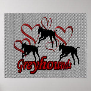 Affiches Leaping Greyhounds Et Red Hearts