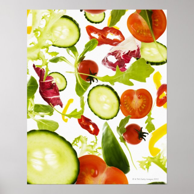 Affiches Légumes frais de salade mélangée tomber à la camér (Devant)