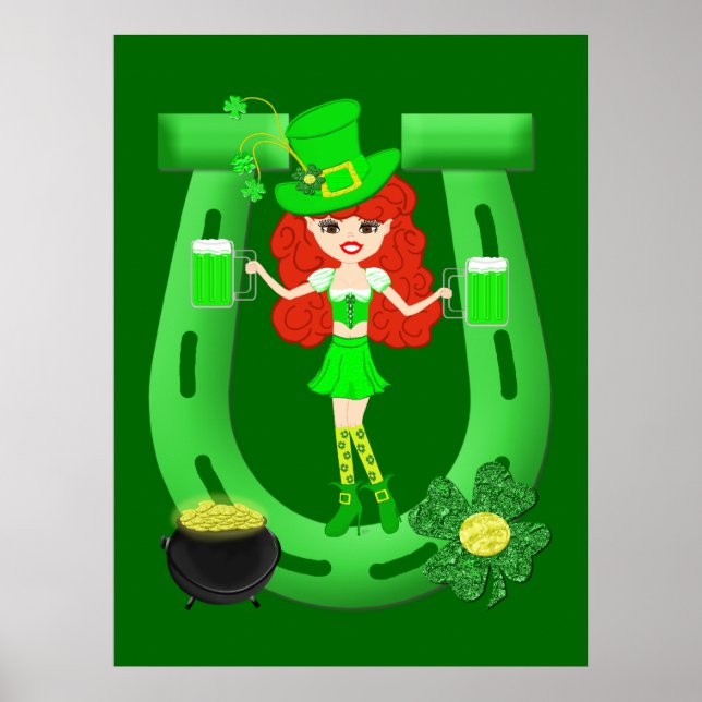 Affiches Leprechaun fille à tête rouge de St Pat's Day (Devant)