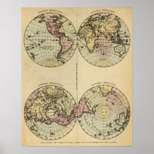 Affiches Les hémisphères remettent la carte d'atlas couleur