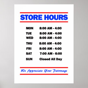 Affiches Les horaires du magasin de signe