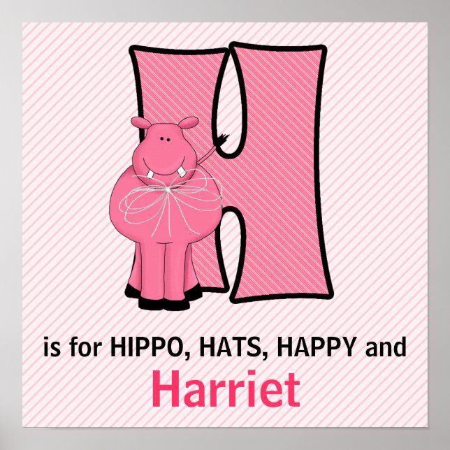 Affiches Lettre H Monogrammée Hippopotame Rose Chambre de B (Devant)