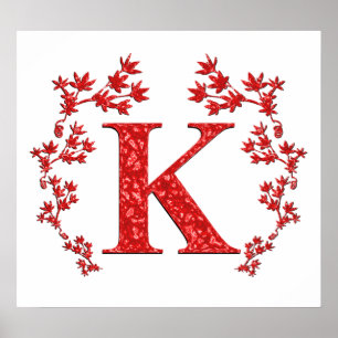 Affiches Lettre monogramme K Feuilles rouges