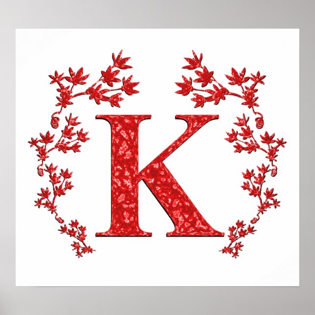 Affiches Lettre monogramme K Feuilles rouges (Devant)