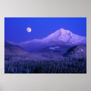 Affiches Lever de lune sur le mont Hood en hiver, Oregon