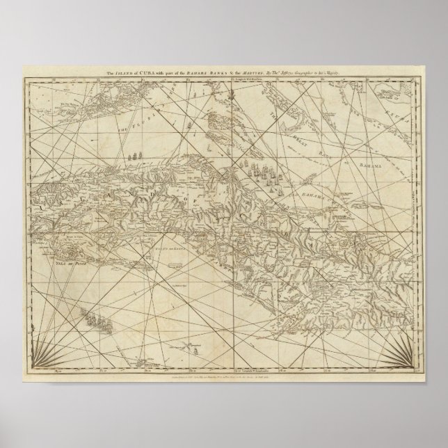 Affiches L'île de Cuba avec une partie des banques bahama (Devant)