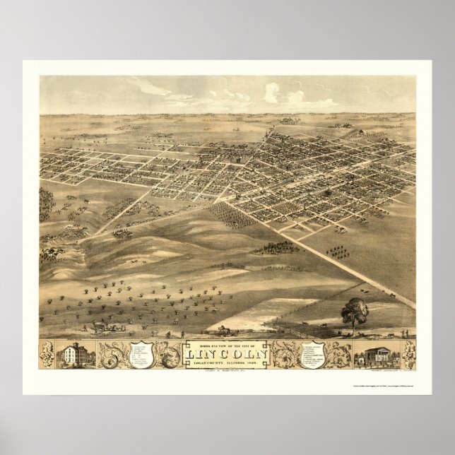 Affiches Lincoln, IL Carte panoramique - 1869 (Devant)