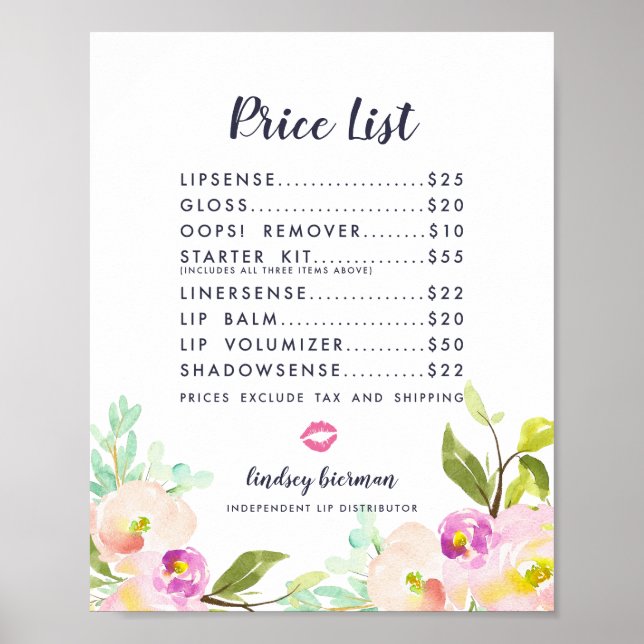 Affiches Liste de prix du distributeur de produit de lip mo (Devant)