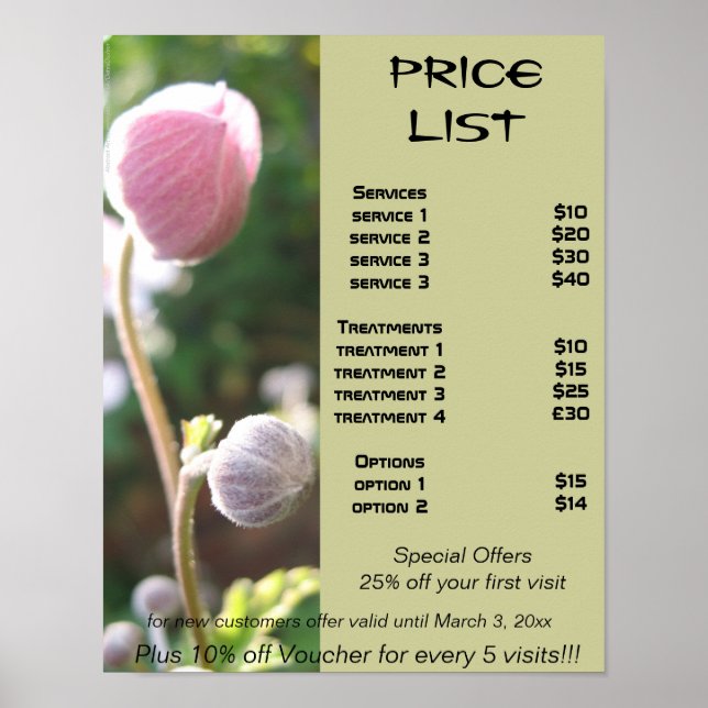 Affiches Liste de prix Reiki zen Anémones (Devant)