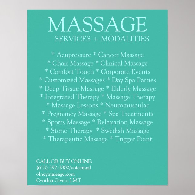 Affiches liste des modalités de massage BLEU (Devant)