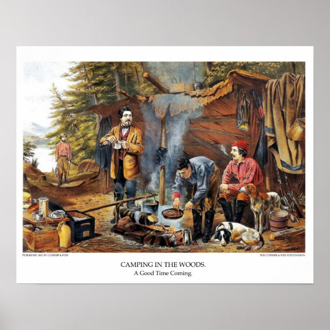 Affiches Lithographie de Currier & Ives : Camping dans les  (Devant)