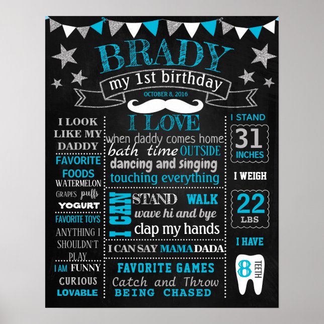 Affiches Little Man Mustche Onederful Birthday chalkboard (Devant)