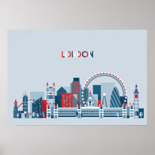 Affiches Londres, Angleterre horizon rouge, blanc et bleu