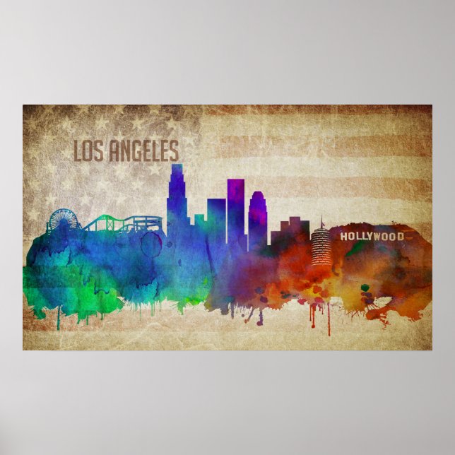 Affiches Los Angeles, CA | Aquarelle Ville Skyline (Devant)