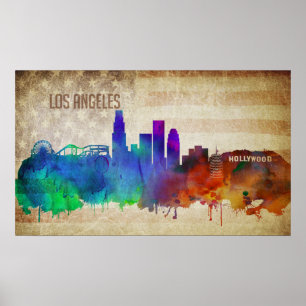 Affiches Los Angeles, horizon de ville d'aquarelle de CA  