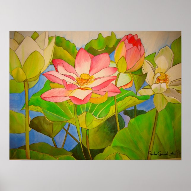 Affiches Lotus rose nénuphar aquarelle peinture (Devant)