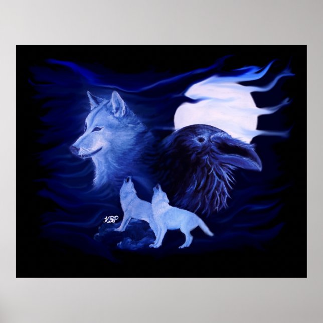 Affiches Loup et corbeau avec pleine lune (Devant)