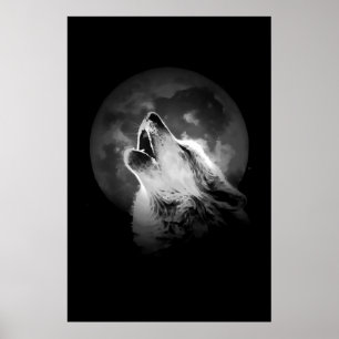 Affiches Loup hurlant noir et blanc & Lune