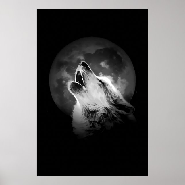 Affiches Loup hurlant noir et blanc & Lune (Devant)