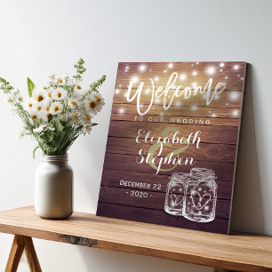 Affiches Lumière de mariage de pot de maçon en bois rustiqu