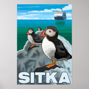 Affiches Macareux et bateau de croisière - Sitka, Alaska