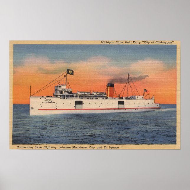 Affiches Mackinaw City, MI - Vue de la ville de Cheboygan (Devant)