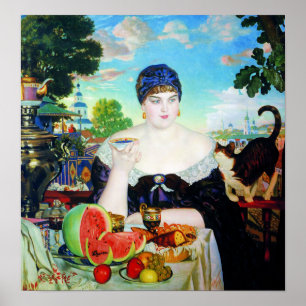 Affiches Madame Drinking Tea avec le chat