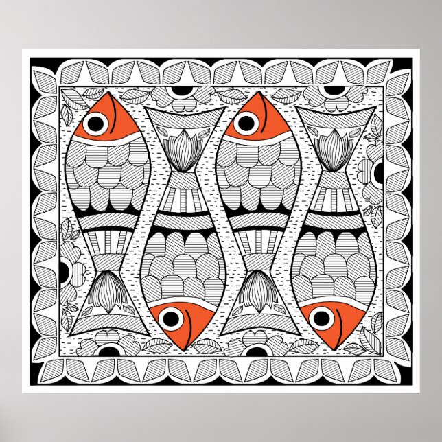 Affiches Madhubani 4 poissons (Devant)