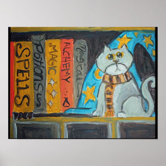 Affiches Magical Wizard Folk Art Chat Peinture épique (Devant)