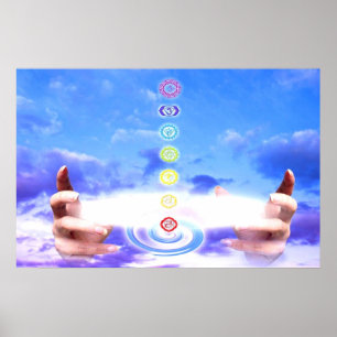Affiches Main guérisseur, énergie, symboles chakra, bleu