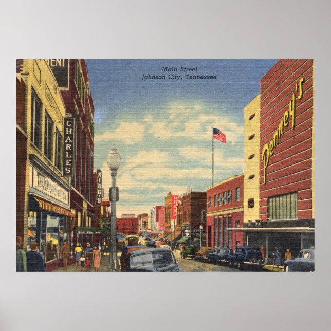 Affiches Main St, Johnson City, Tennessee Vintage (Devant)
