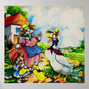 Affiches mama kitty cat et baby kitty visit canards dans le