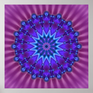 Affiches Mandala étoile en bleu   fleur magenta
