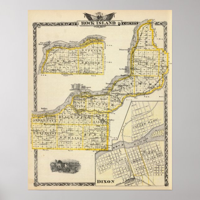 Affiches Map of Rock Island County and Dixon (Devant)