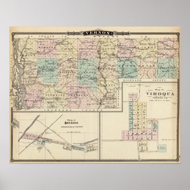 Affiches Map of Vernon County, Arcadia and Viroqua (Devant)