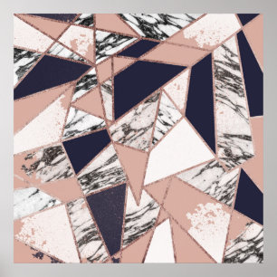 Affiches Marbre géométrique de pêche de bleu marine et or