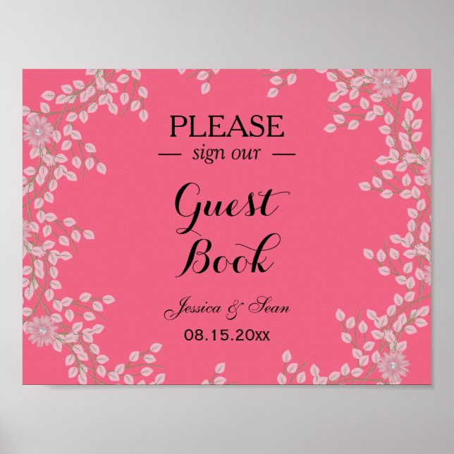 Affiches Mariage chic rose floral et perles (Devant)