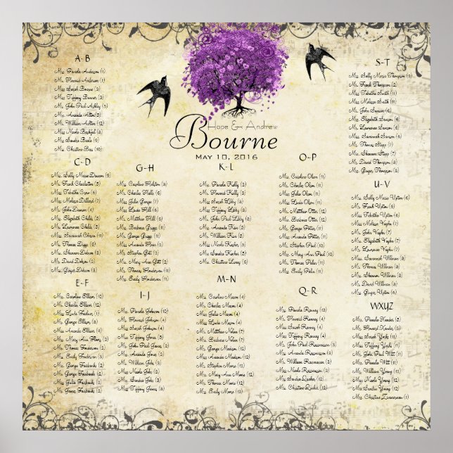 Affiches Mariage de feuille d'arbre de coeur violet radiant (Devant)