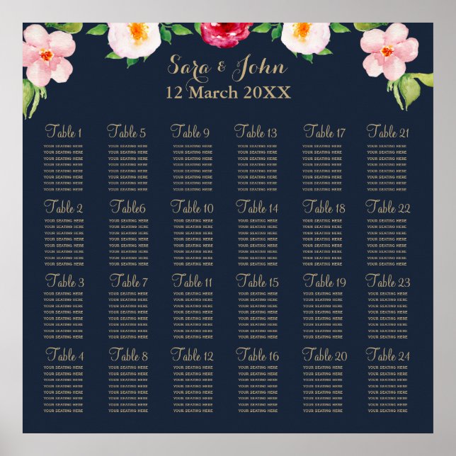 Affiches mariage de fleurs marine et or aquarelle (Devant)