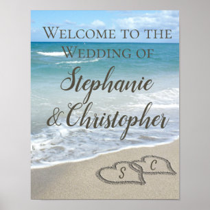 Affiches Mariage de plage Coeurs Monogrammes dans le sable