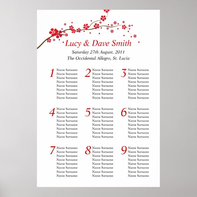 Affiches Mariage de table rouge Plan d'assise (Devant)