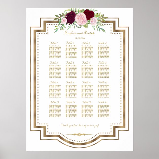 Affiches Mariage en or marsala Floral (Devant)