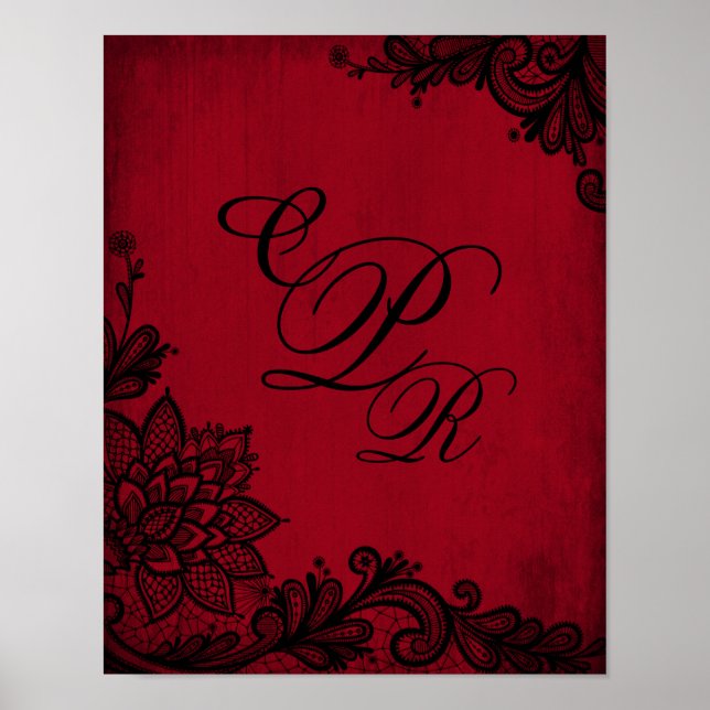Affiches Mariage Gothique Rouge Grunge Broderie Monogramme (Devant)