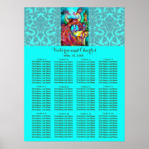 Affiches MARIAGE LOVE PEACOCKS Blue Damask Seize Chart